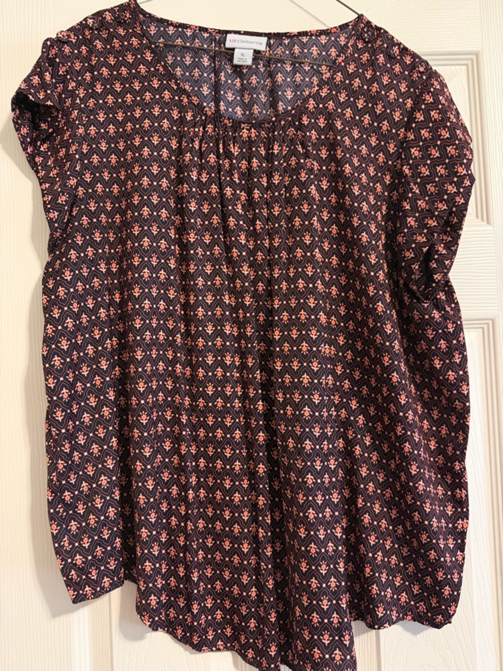 Liz Claiborne Navy Blouse with Coral Geometric Print